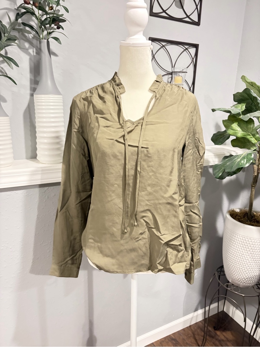 DownEast Olive Green Tie-Neck Long Sleeve Blouse